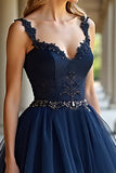 Navy A Line Tiered Applique Backless Prom Dress