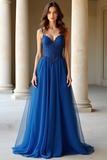 Dark Blue Spaghetti Straps Corset Pleated A Line Prom Dress