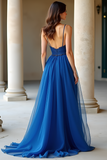 Dark Blue Spaghetti Straps Corset Pleated A Line Prom Dress