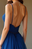 Dark Blue Spaghetti Straps Corset Pleated A Line Prom Dress