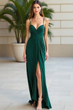 Dark Green Spaghetti Straps Pleated Sheath Prom Dress with Slit