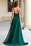 Dark Green Spaghetti Straps Pleated Sheath Prom Dress with Slit