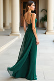 Dark Green Spaghetti Straps Pleated Sheath Prom Dress with Slit