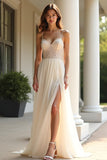 Champagne Spaghetti Straps Corset Maxi Prom Dress with Slit