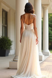 Champagne Spaghetti Straps Corset Maxi Prom Dress with Slit