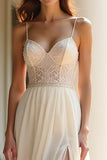 Champagne Spaghetti Straps Corset Maxi Prom Dress with Slit