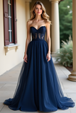 Navy Strapless Corset Applique A Line Prom Dress