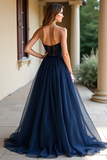 Navy Strapless Corset Applique A Line Prom Dress