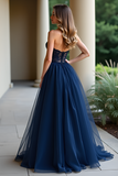 Navy Strapless Corset Applique A Line Prom Dress