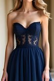 Navy Strapless Corset Applique A Line Prom Dress