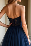 Navy Strapless Corset Applique A Line Prom Dress