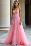 A Line Pink Sweetheart Corset Applique Tulle Long Prom Dress