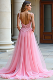 A Line Pink Sweetheart Corset Applique Tulle Long Prom Dress