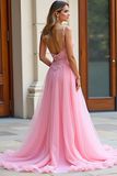 A Line Pink Sweetheart Corset Applique Tulle Long Prom Dress