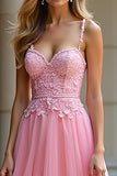 A Line Pink Sweetheart Corset Applique Tulle Long Prom Dress