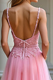 A Line Pink Sweetheart Corset Applique Tulle Long Prom Dress