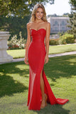 Red Strapless Sweetheart Sheath Long Prom Dress with Slit