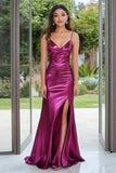 Metallic Dark Purple Spaghetti Straps Sheath Long Prom Dress with Slit