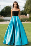 Black Blue Ball Gown Strapless Satin Long Prom Dress