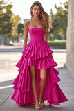 Fuchsia Tiered Strapless Ruched A Line High-Low Prom Dress