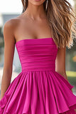 Fuchsia Tiered Strapless Ruched A Line High-Low Prom Dress