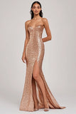 Sparkly Champagne Sweetheart Sequined Mermaid Prom Dress with Slit