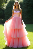 A Line Pink Sweetheart Corset Tiered Long Prom Dress