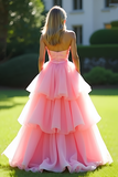 A Line Pink Sweetheart Corset Tiered Long Prom Dress