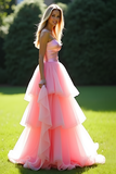 A Line Pink Sweetheart Corset Tiered Long Prom Dress