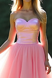 A Line Pink Sweetheart Corset Tiered Long Prom Dress