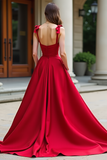 Red Ball Gown Satin Sweetheart Long Prom Dress with Bows