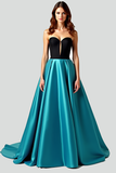 Black Peacock Blue A Line Sweetheart Keyhole Long Prom Dress