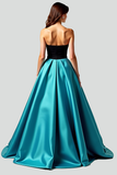 Black Peacock Blue A Line Sweetheart Keyhole Long Prom Dress