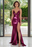 Sheath Dark Purple V-Neck Floor Length Prom Dress with High Slit