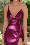 Sheath Dark Purple V-Neck Floor Length Prom Dress with High Slit