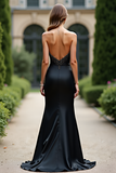 Gorgeous Sheath Black Sweetheart Satin Backless Prom Dress with Beading