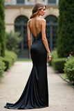 Gorgeous Sheath Black Sweetheart Satin Backless Prom Dress with Beading