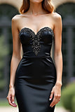 Gorgeous Sheath Black Sweetheart Satin Backless Prom Dress with Beading