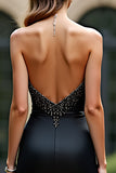 Gorgeous Sheath Black Sweetheart Satin Backless Prom Dress with Beading