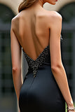 Gorgeous Sheath Black Sweetheart Satin Backless Prom Dress with Beading