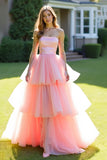 Pink Ball Gown Princess Tiered Strapless Long Prom Dress with Ruffles