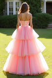 Pink Ball Gown Princess Tiered Strapless Long Prom Dress with Ruffles