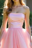 Pink Ball Gown Princess Tiered Strapless Long Prom Dress with Ruffles