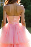 Pink Ball Gown Princess Tiered Strapless Long Prom Dress with Ruffles