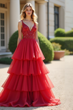 A Line Red V Neck Tiered Long Prom Dress with Sequins