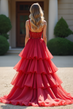 A Line Red V Neck Tiered Long Prom Dress with Sequins