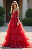 A Line Red V Neck Tiered Long Prom Dress with Sequins