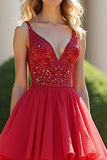 A Line Red V Neck Tiered Long Prom Dress with Sequins