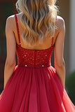 A Line Red V Neck Tiered Long Prom Dress with Sequins