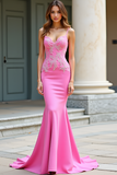 Mermaid Pink Spaghetti Straps Satin Long Prom Dress with Appliques